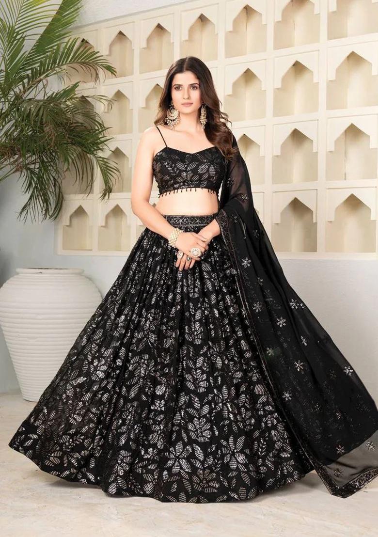 Black Embroidered Georgette Lehenga Set - Indya