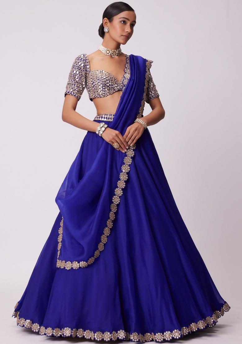 Royal Blue Embroidered Georgette Lehenga Set - Indya