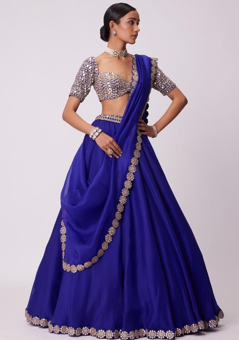 Royal Blue Embroidered Georgette Lehenga Set - Indya