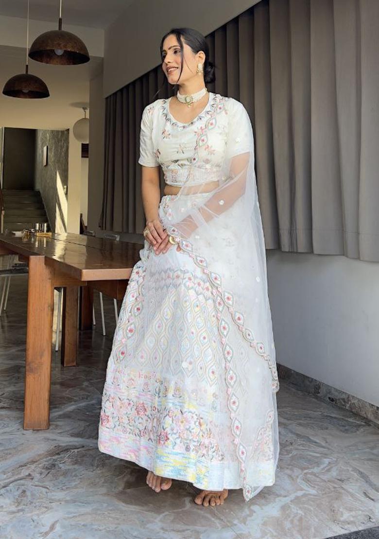 Multicolor Embroidered Georgette Lehenga Set - Indya