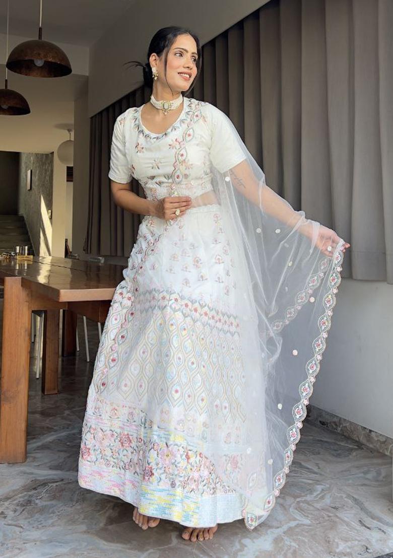 Multicolor Embroidered Georgette Lehenga Set - Indya