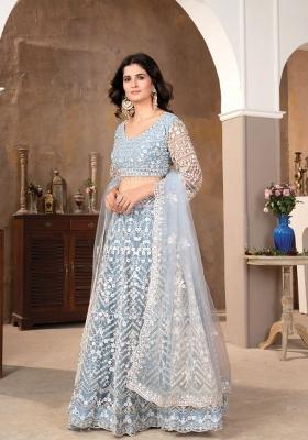 Teal Sequin Work Net Lehenga Set