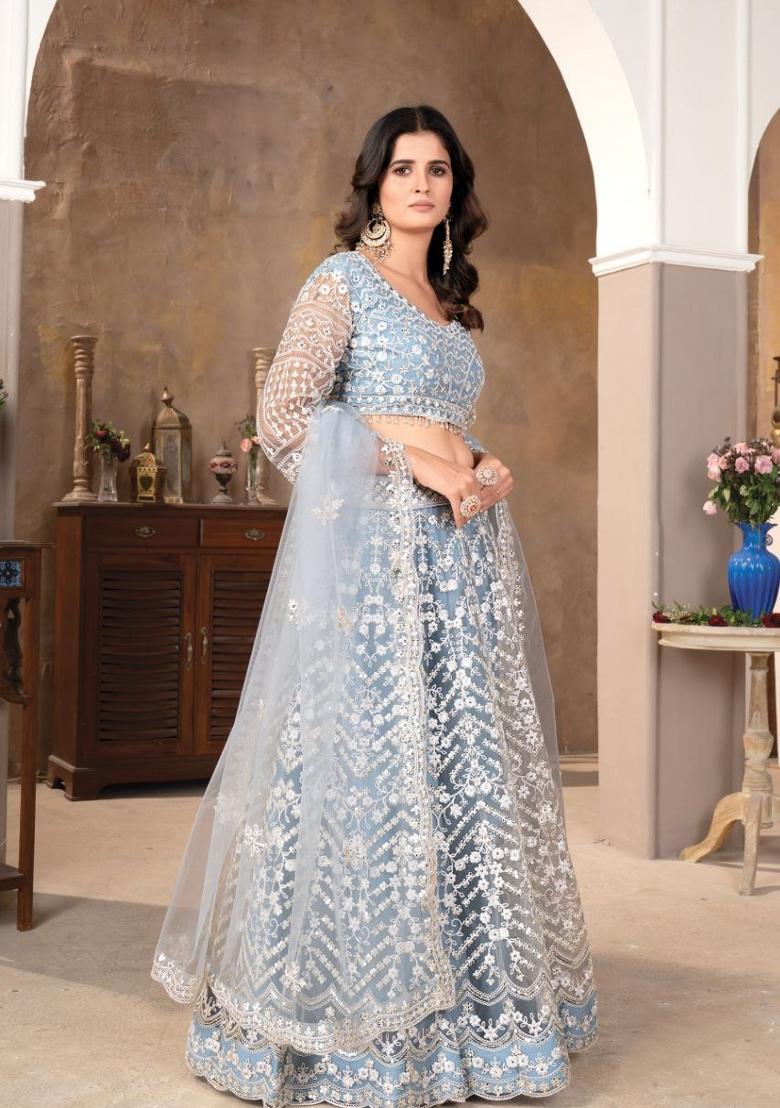 Teal Sequin Work Net Lehenga Set - Indya