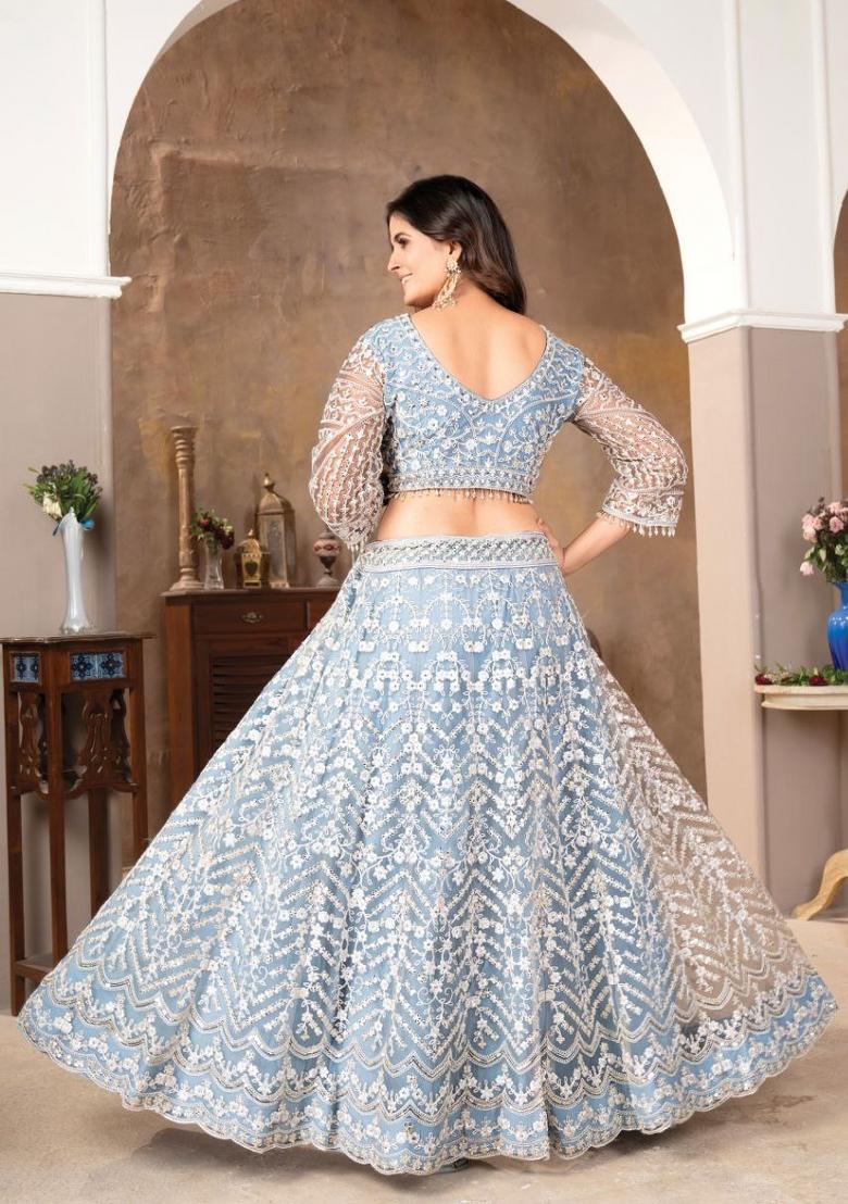 Teal Sequin Work Net Lehenga Set - Indya