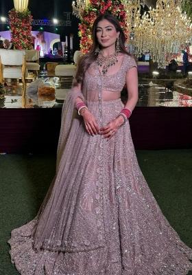Peach Sequin Work Net Lehenga Set