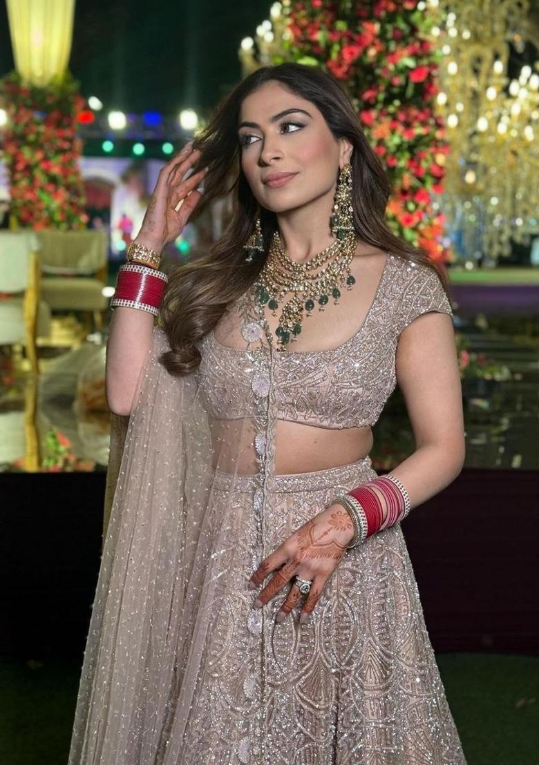 Peach Sequin Work Net Lehenga Set - Indya
