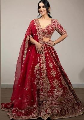 Red Embroidered Satin Lehenga Set