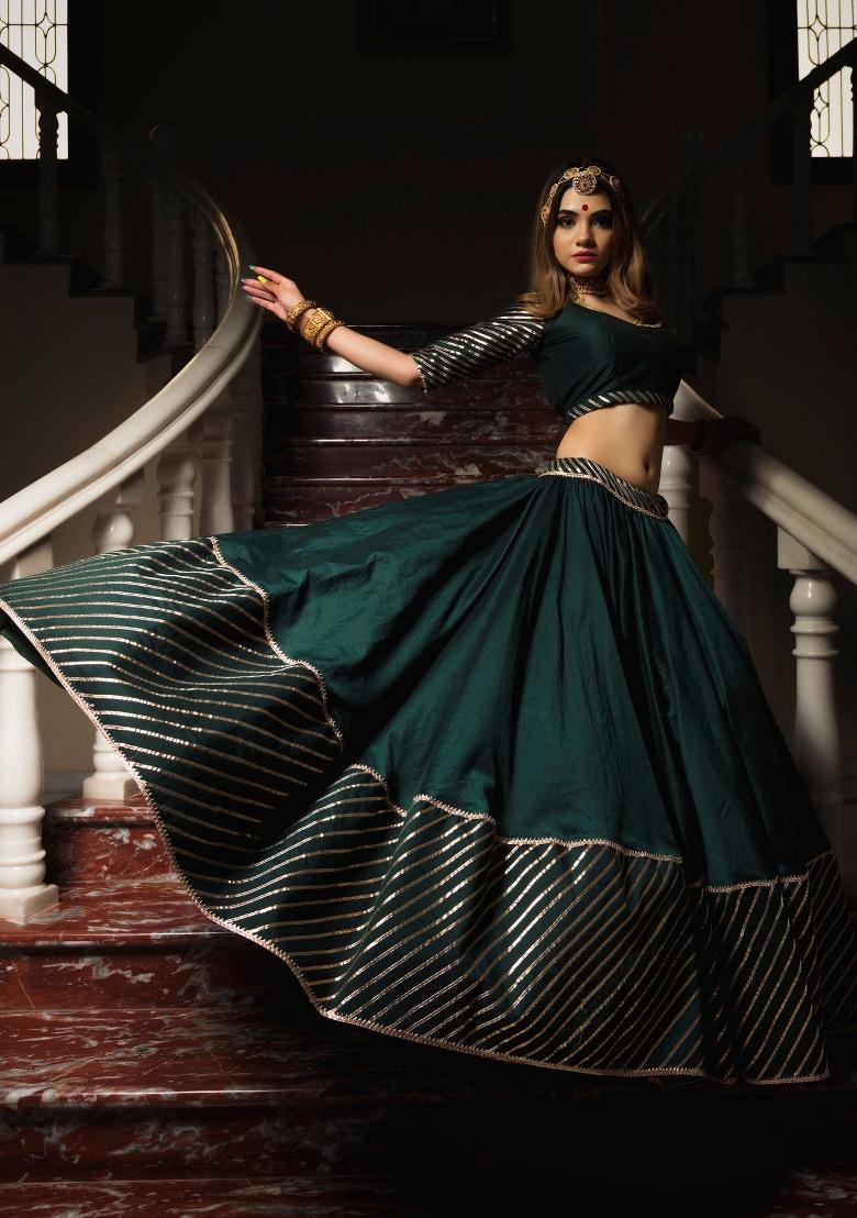 Green Gota Patti Silk Lehenga Set - Indya