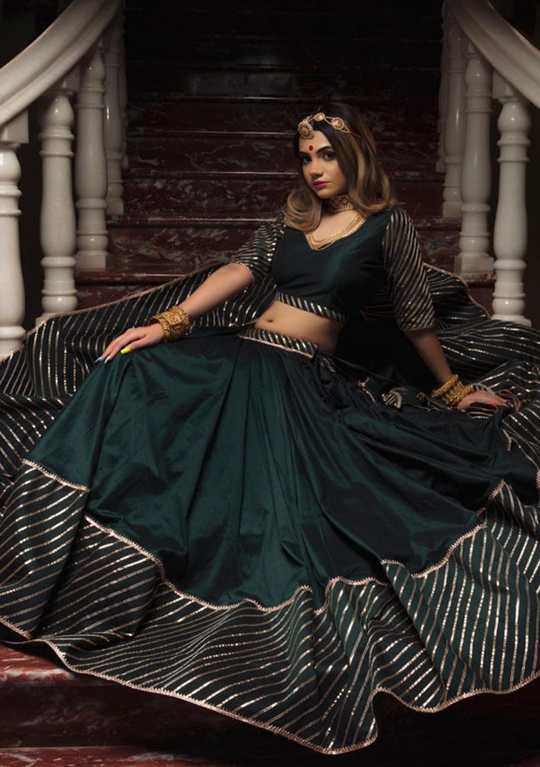 Green Gota Patti Silk Lehenga Set - Indya