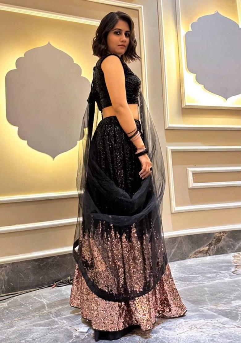 Black Sequin Work Georgette Lehenga Set - Indya