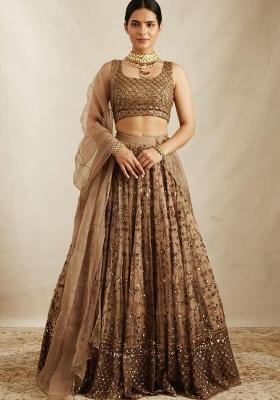 Beige Sequin Work Satin Lehenga Set