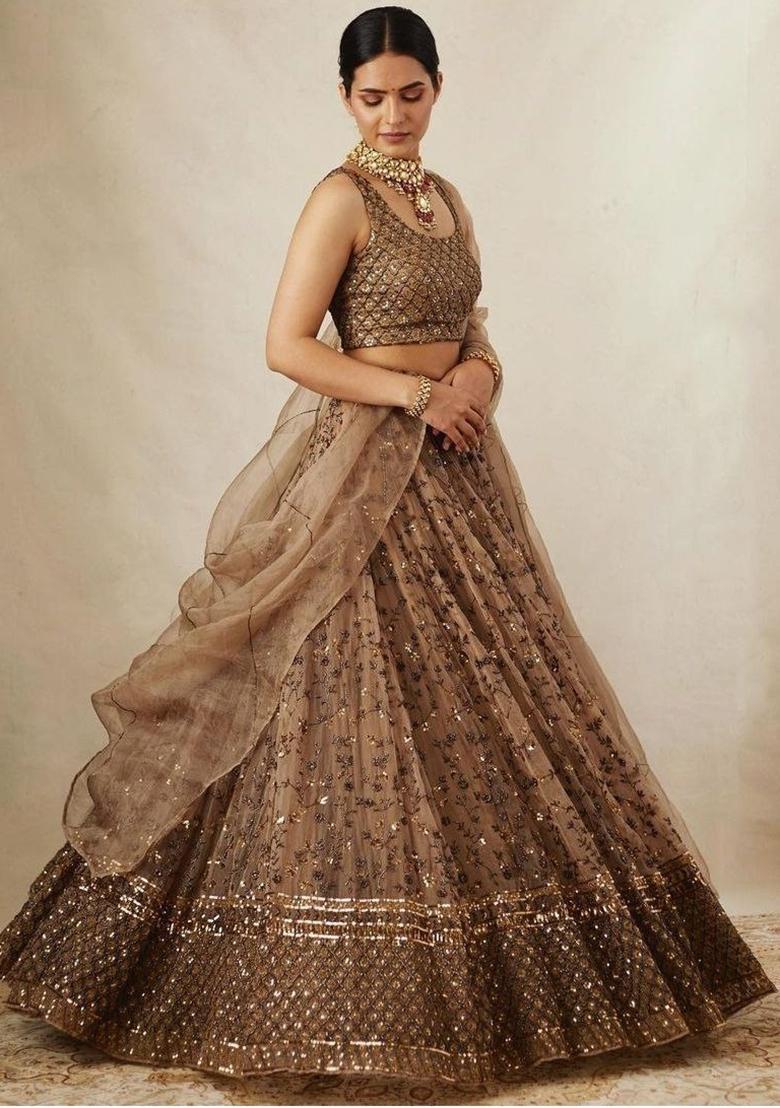 Beige Sequin Work Satin Lehenga Set - Indya