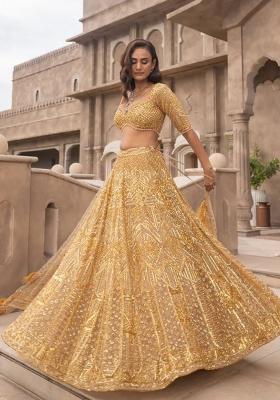Yellow Sequin Work Net Lehenga Set