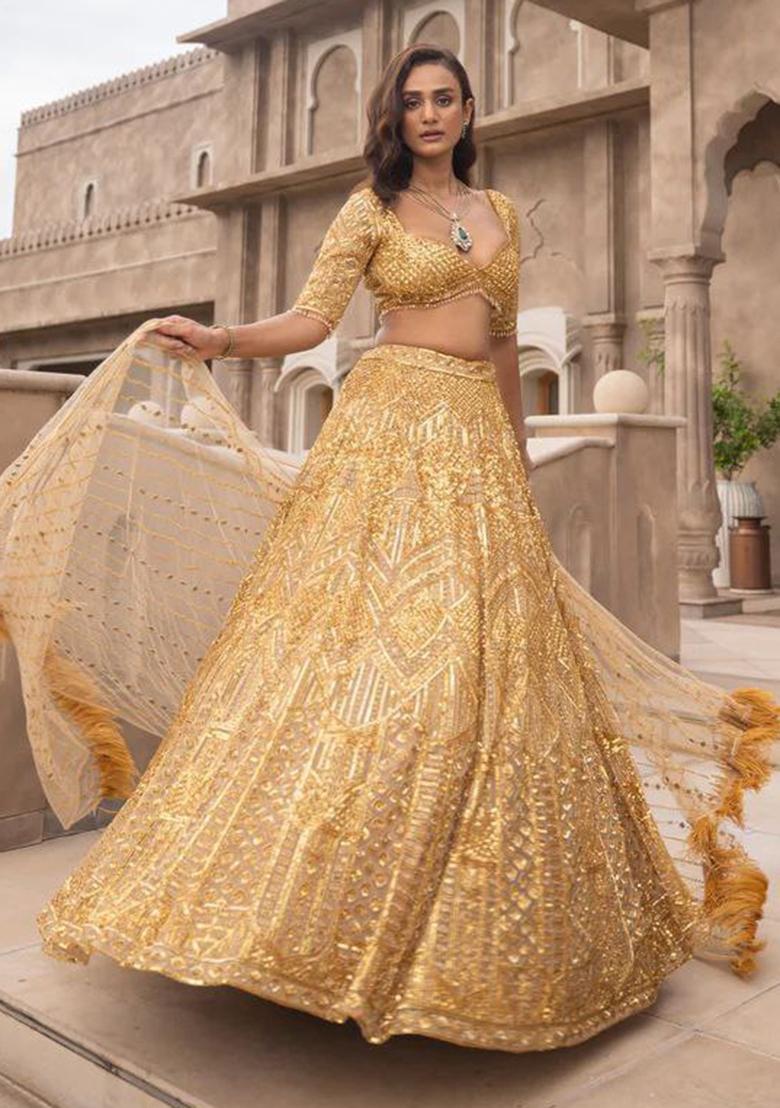 Yellow Sequin Work Net Lehenga Set - Indya