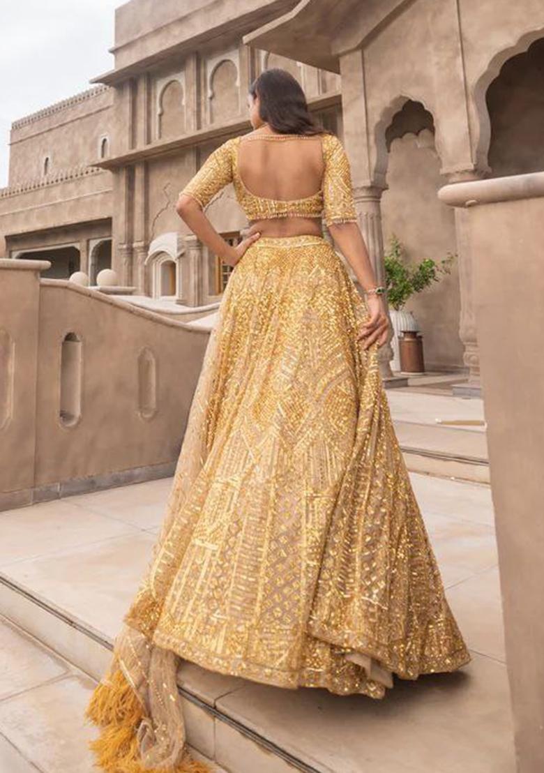 Yellow Sequin Work Net Lehenga Set - Indya