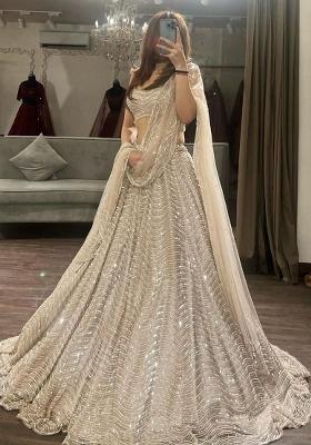 Cream Sequin Work Silk Lehenga Set