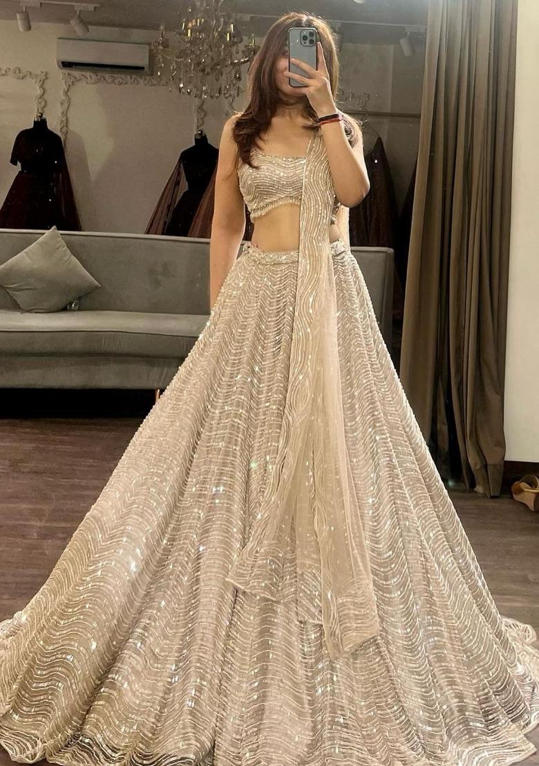 Cream Sequin Work Silk Lehenga Set - Indya