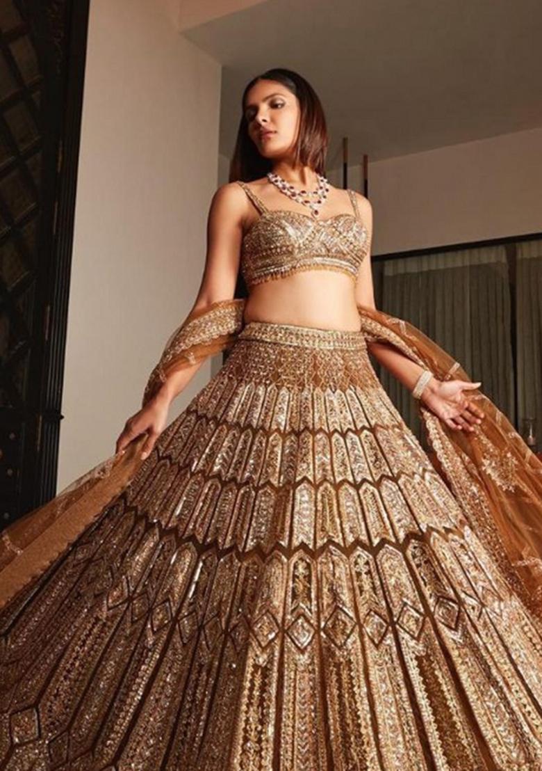 Brown Embroidered Silk Lehenga Set - Indya