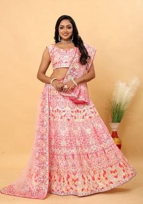 Pink Embroidered Georgette Lehenga Set