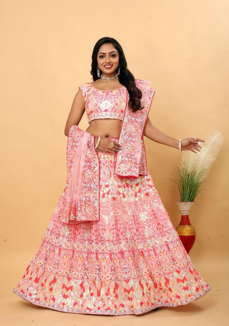 Pink Embroidered Georgette Lehenga Set - Indya
