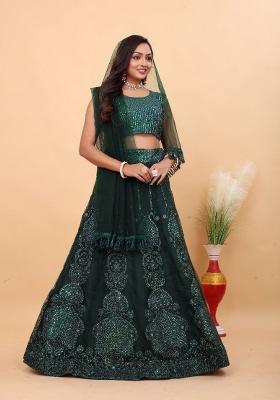 Green Sequin Work Net Lehenga Set