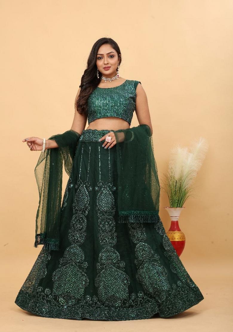 Green Sequin Work Net Lehenga Set - Indya