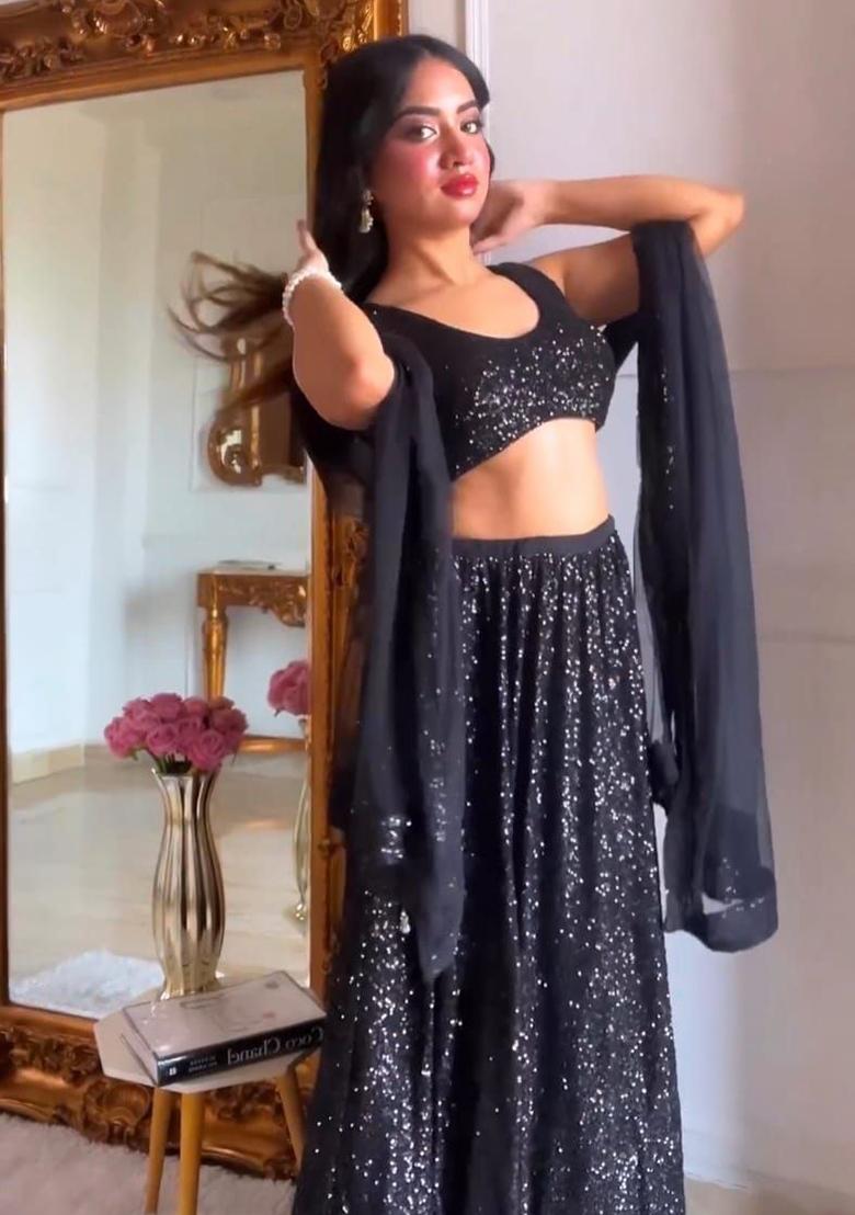 Black Sequin Work Georgette Lehenga Set - Indya
