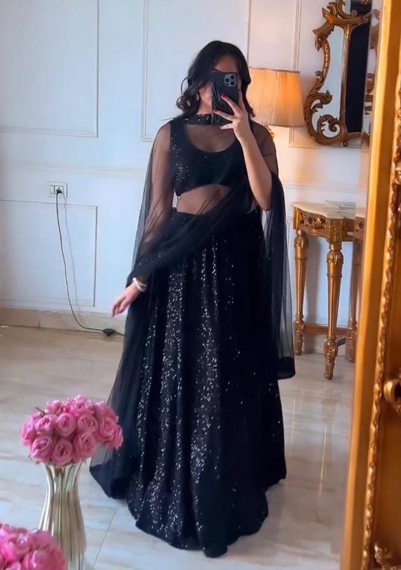 Black Sequin Work Georgette Lehenga Set - Indya