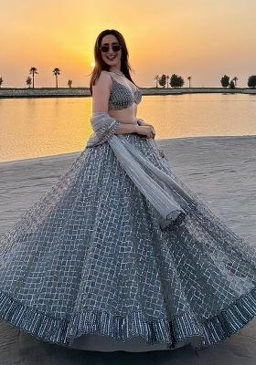 Grey Sequin Work Net Lehenga Set