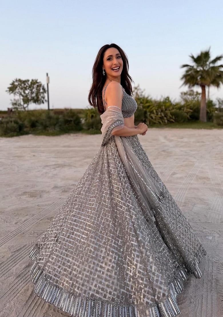 Grey Sequin Work Net Lehenga Set - Indya