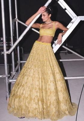 Yellow Embroidered Net Lehenga Set