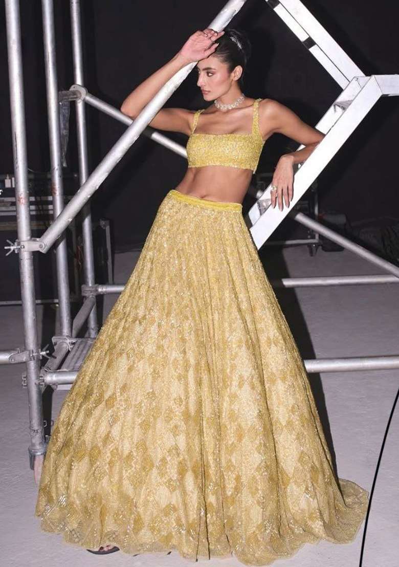 Yellow Net Lehenga Set with Embroidered for Diwali | Wedding & Festive Wear - Indya
