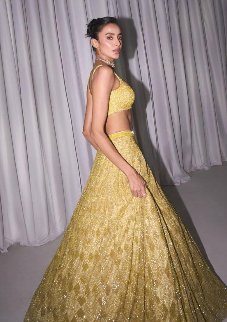 Yellow Embroidered Net Lehenga Set - Indya