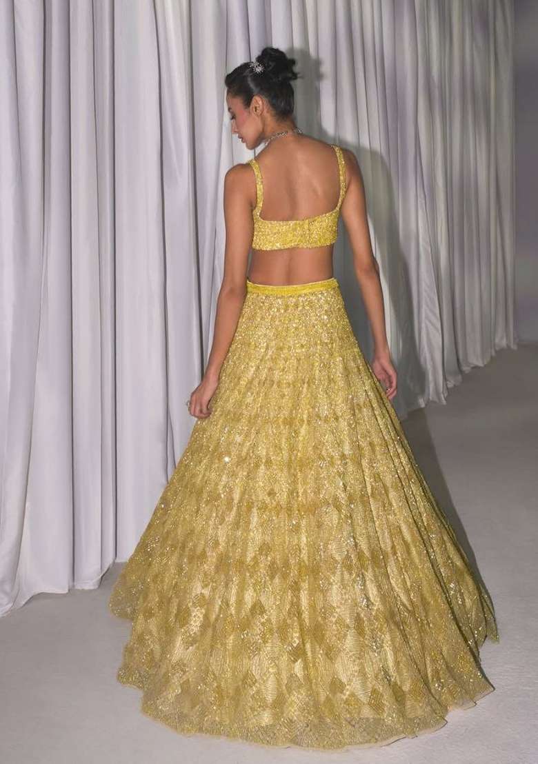 Yellow Net Lehenga Set with Embroidered for Diwali | Wedding & Festive Wear - Indya