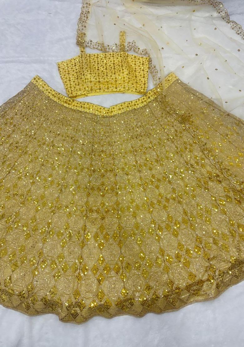 Yellow Embroidered Net Lehenga Set - Indya