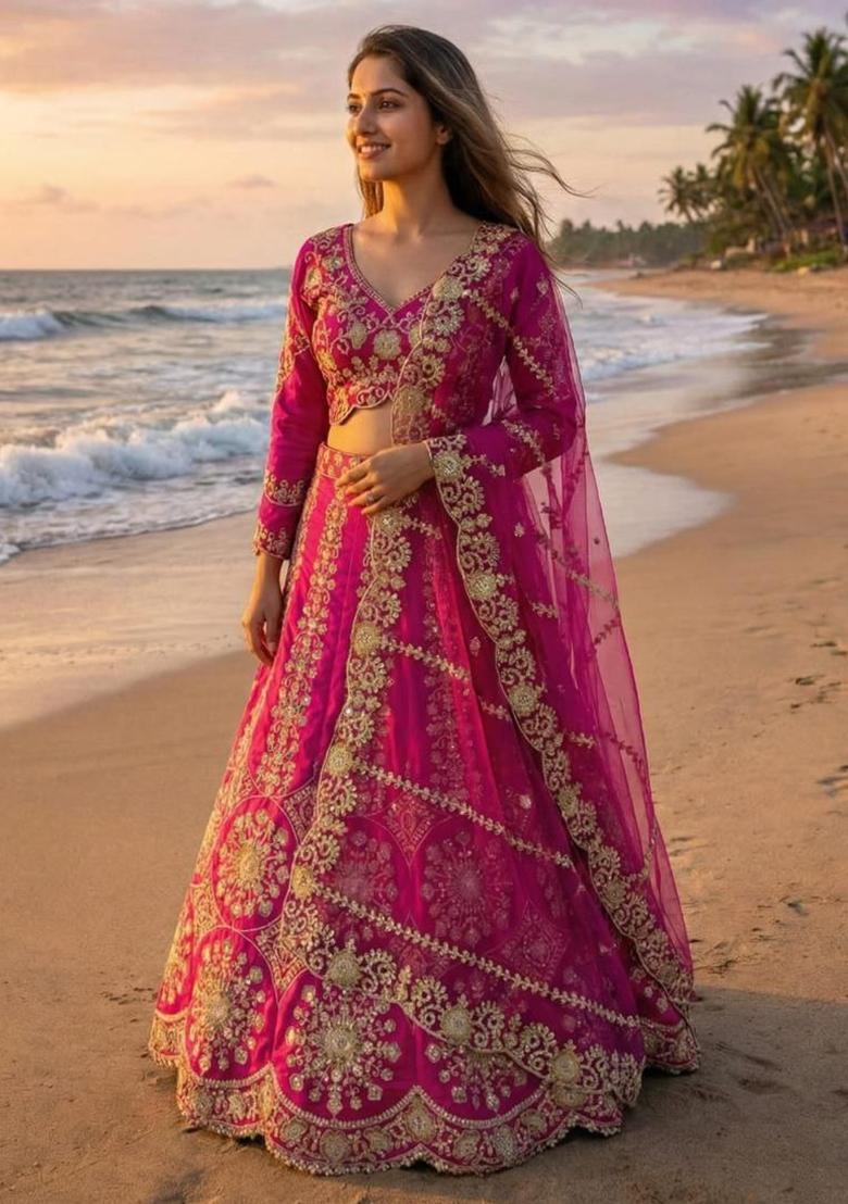 Blue Embroidered Georgette Lehenga Set - Indya