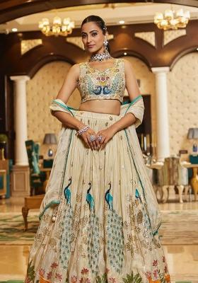 Cream Embroidered Chinon Lehenga Set