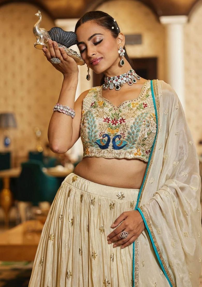 Cream Embroidered Chinon Lehenga Set - Indya