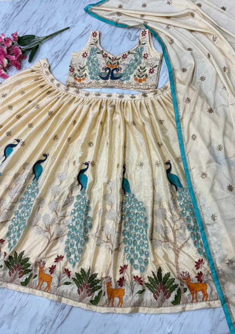 Cream Embroidered Chinon Lehenga Set - Indya