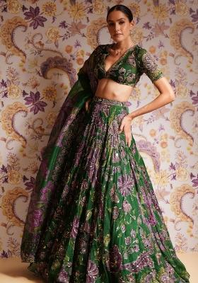 Green Embroidered Silk Lehenga Set