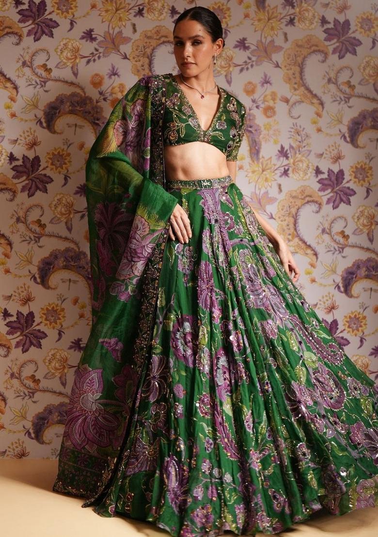 Green Embroidered Silk Lehenga Set - Indya