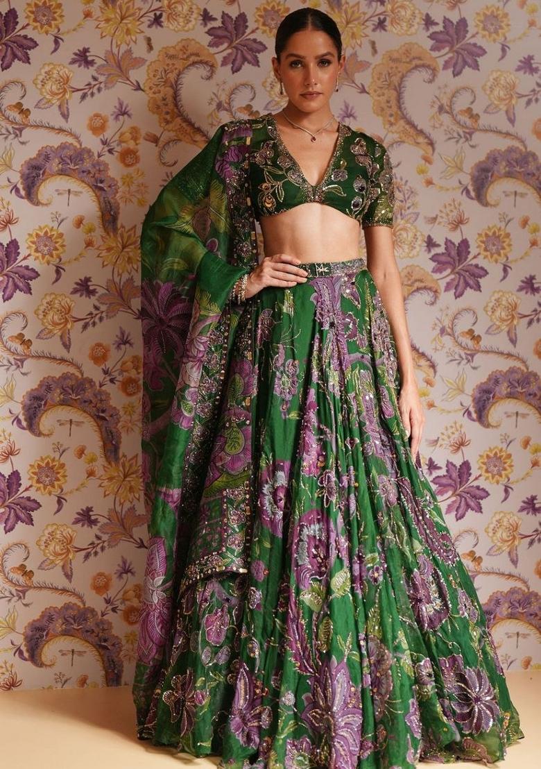Green Embroidered Silk Lehenga Set - Indya