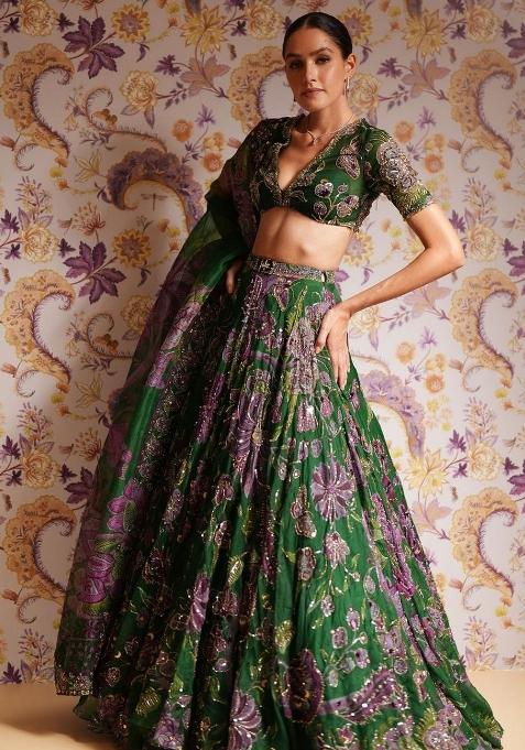 Green Embroidered Silk Lehenga Set