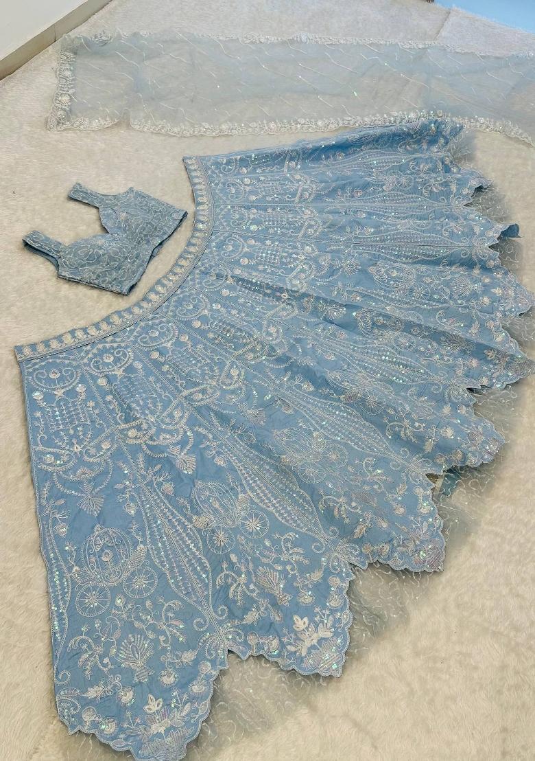 Teal Sequin Work Silk Lehenga Set - Indya