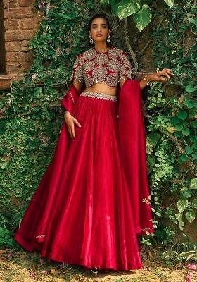 Red Sequin Work Silk Lehenga Set