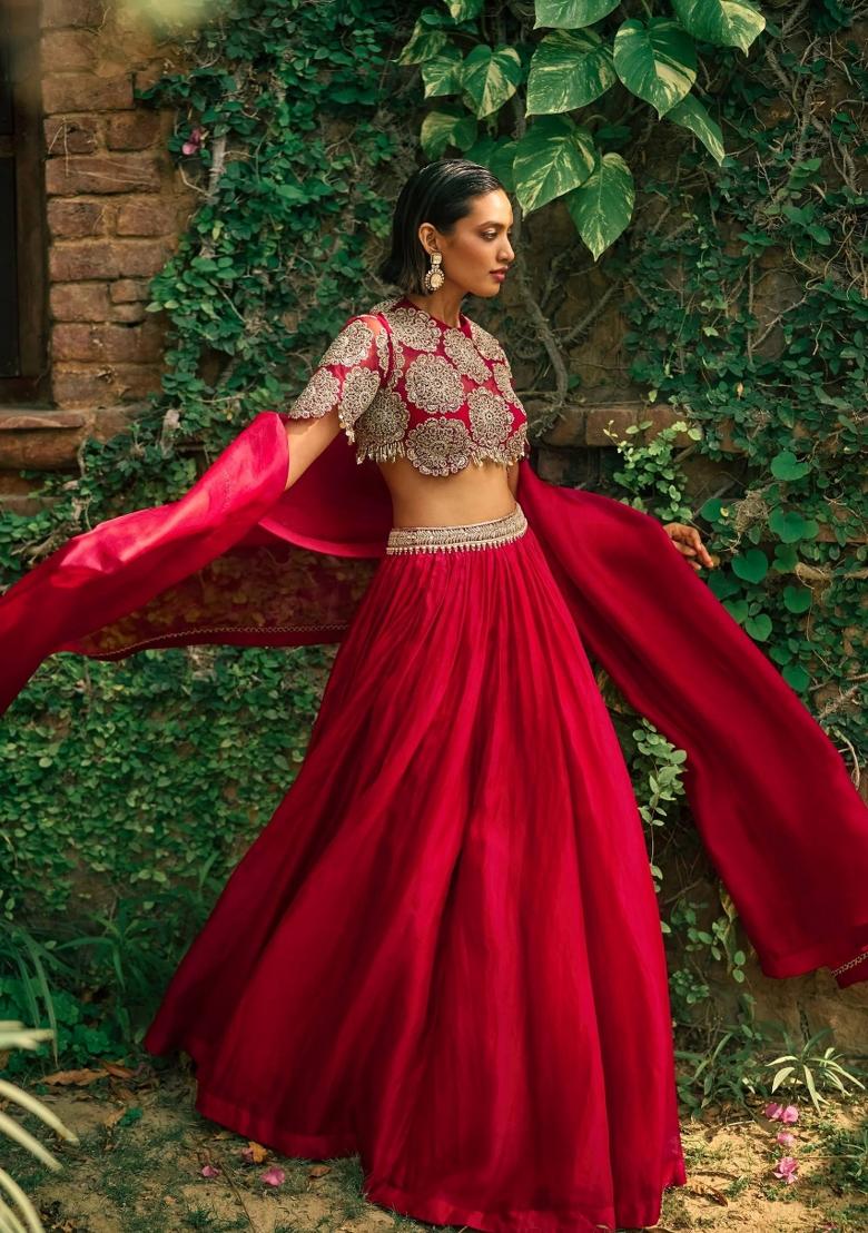 Red Sequin Work Silk Lehenga Set - Indya