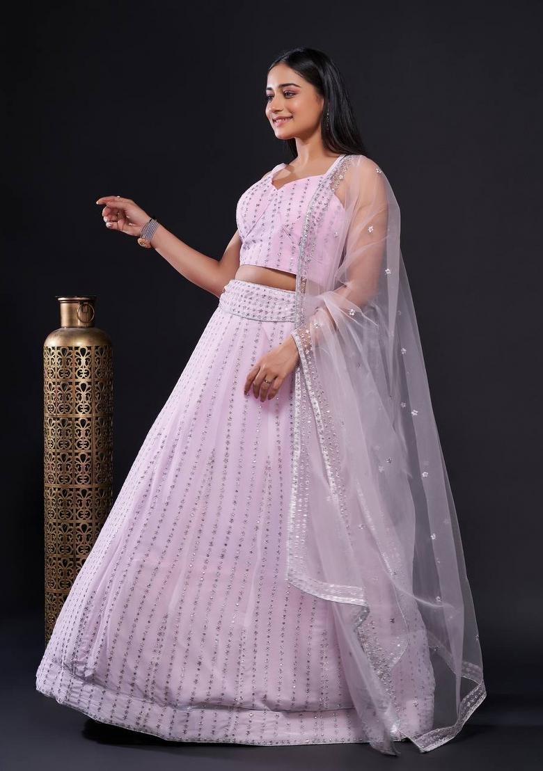Light Pink Zari Work Georgette Lehenga Set - Indya