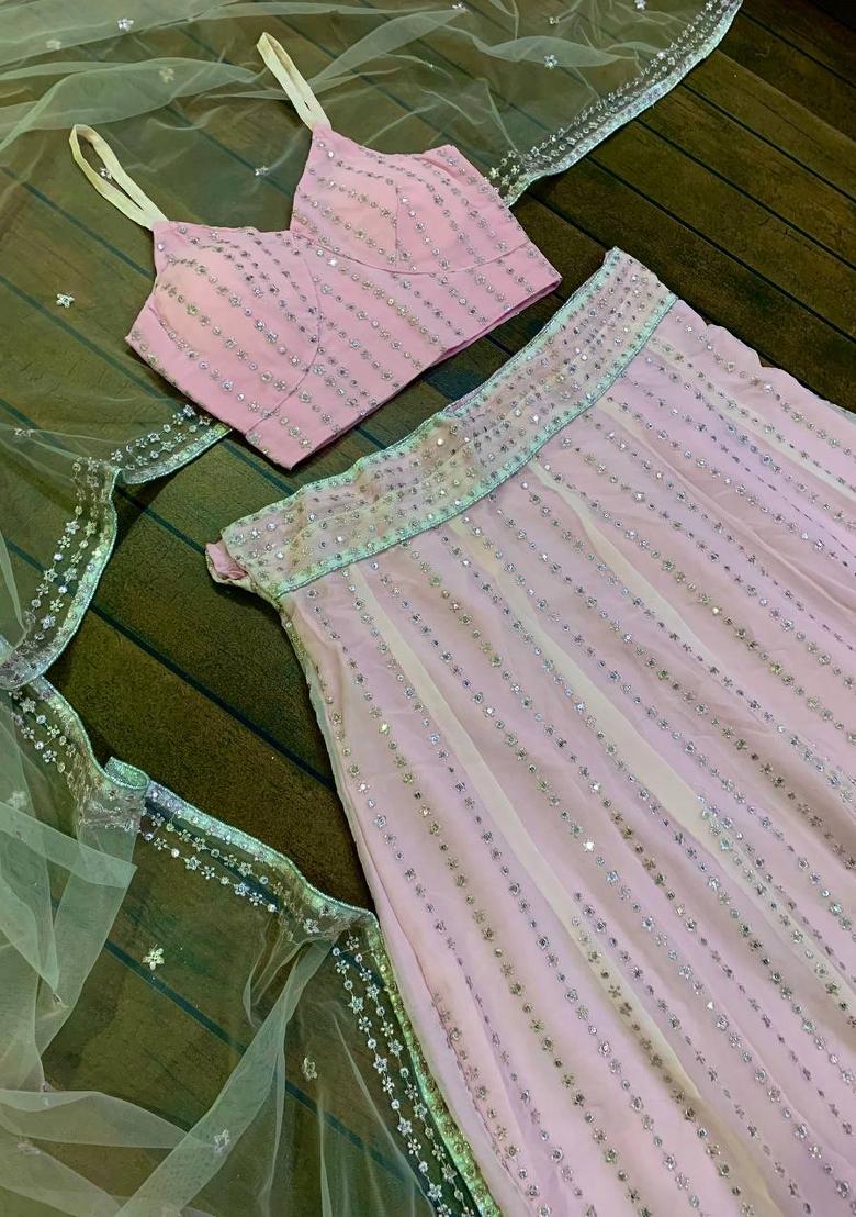 Light Pink Zari Work Georgette Lehenga Set - Indya
