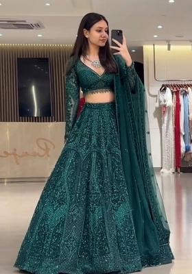 Green Sequin Work Net Lehenga Set