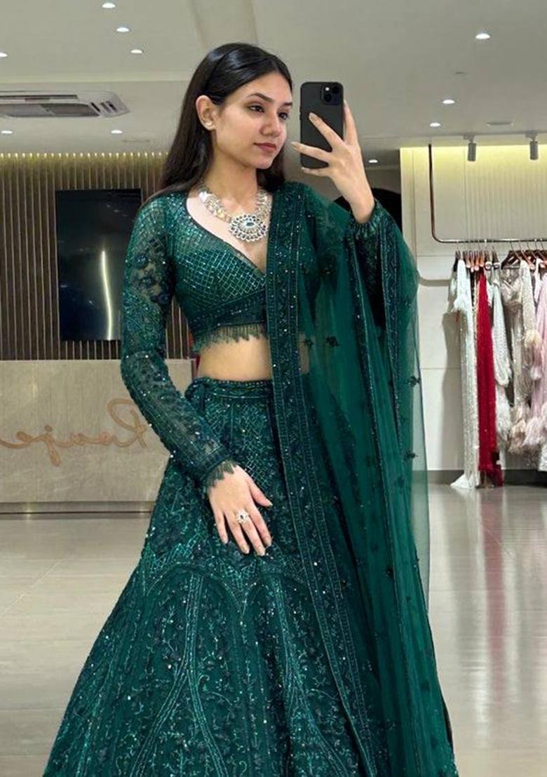 Green Sequin Work Net Lehenga Set - Indya